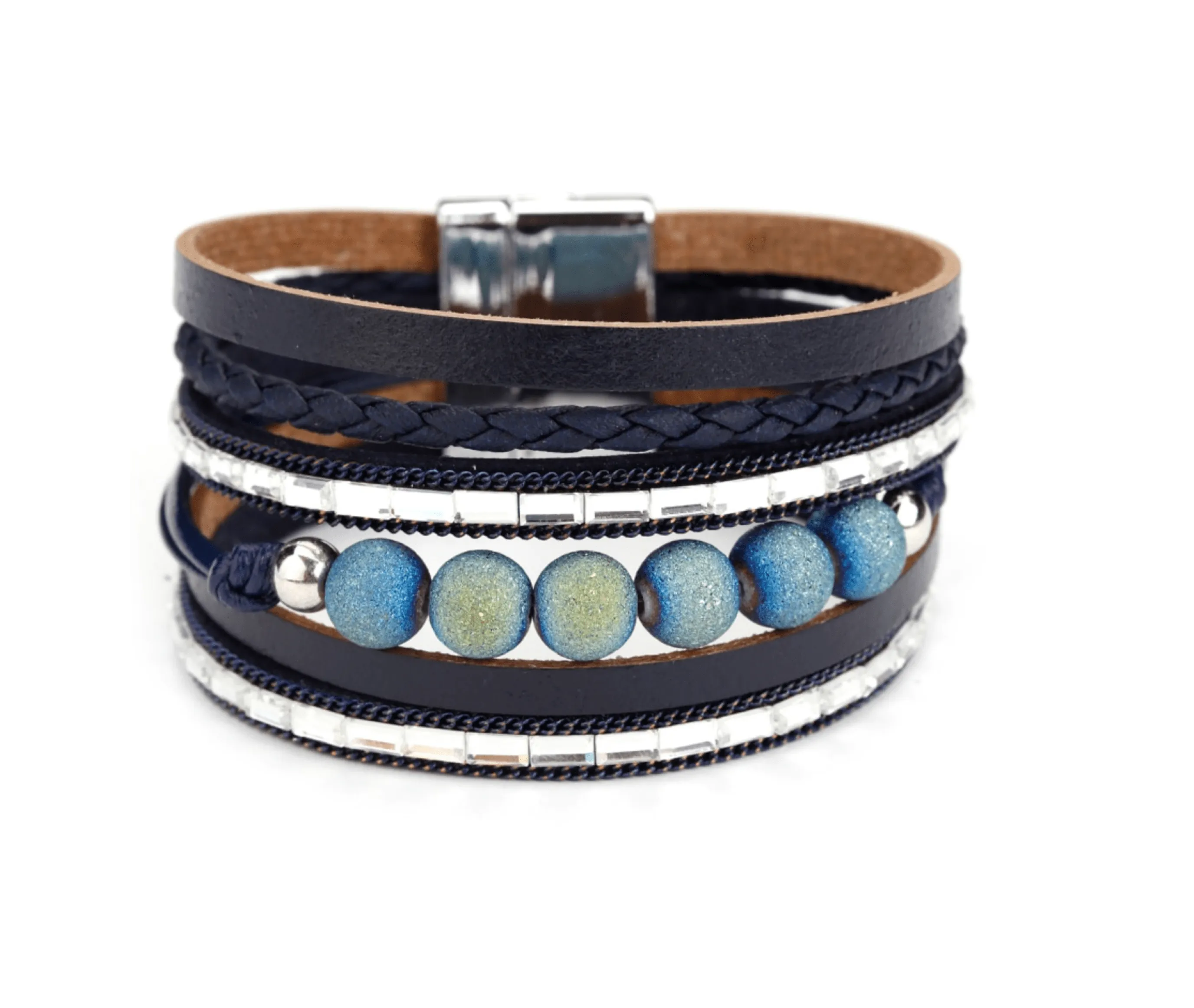 Blue Beads Black Faux Leather Bracelet sold by Zulily