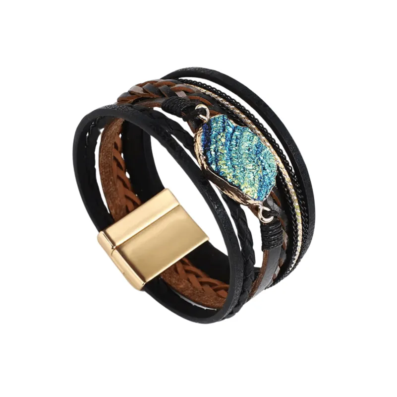 Black Faux Leather Green Blue Geode Multi-strand Bracelet sold by Zulily