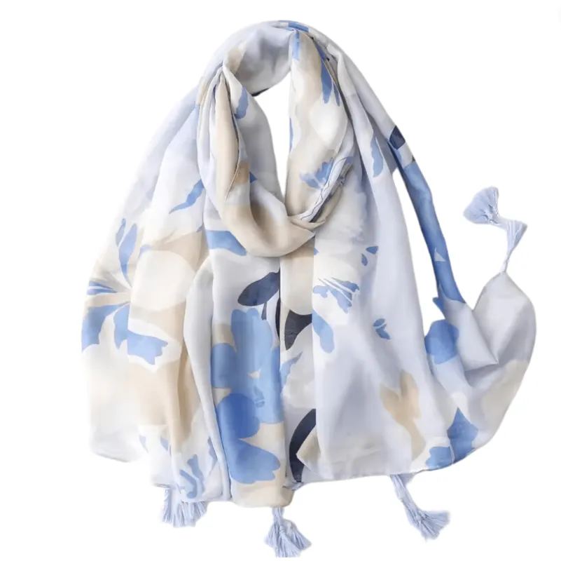 Blue and Sand Floral Tassel Scarf sold by Zulily