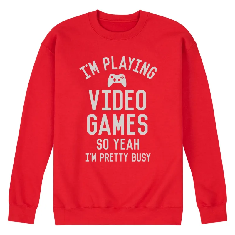 Instant Message - Im Playing Video Games Yeah Busy - Men's Crew Neck Fleece Pullover sold by Zulily