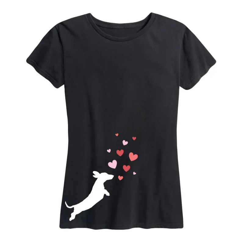 Instant Message - Dachshund Chasing Hearts - Women's Short Sleeve Graphic T-Shirt sold by Zulily