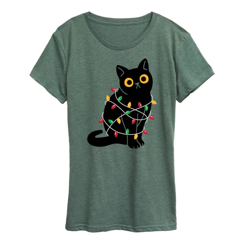 Instant Message - Cat Wrapped In Christmas Lights - Women's Short Sleeve Graphic T-Shirt sold by Zulily