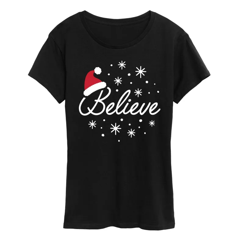 Instant Message - Believe Santa Hat - Women's Short Sleeve Graphic T-Shirt sold by Zulily
