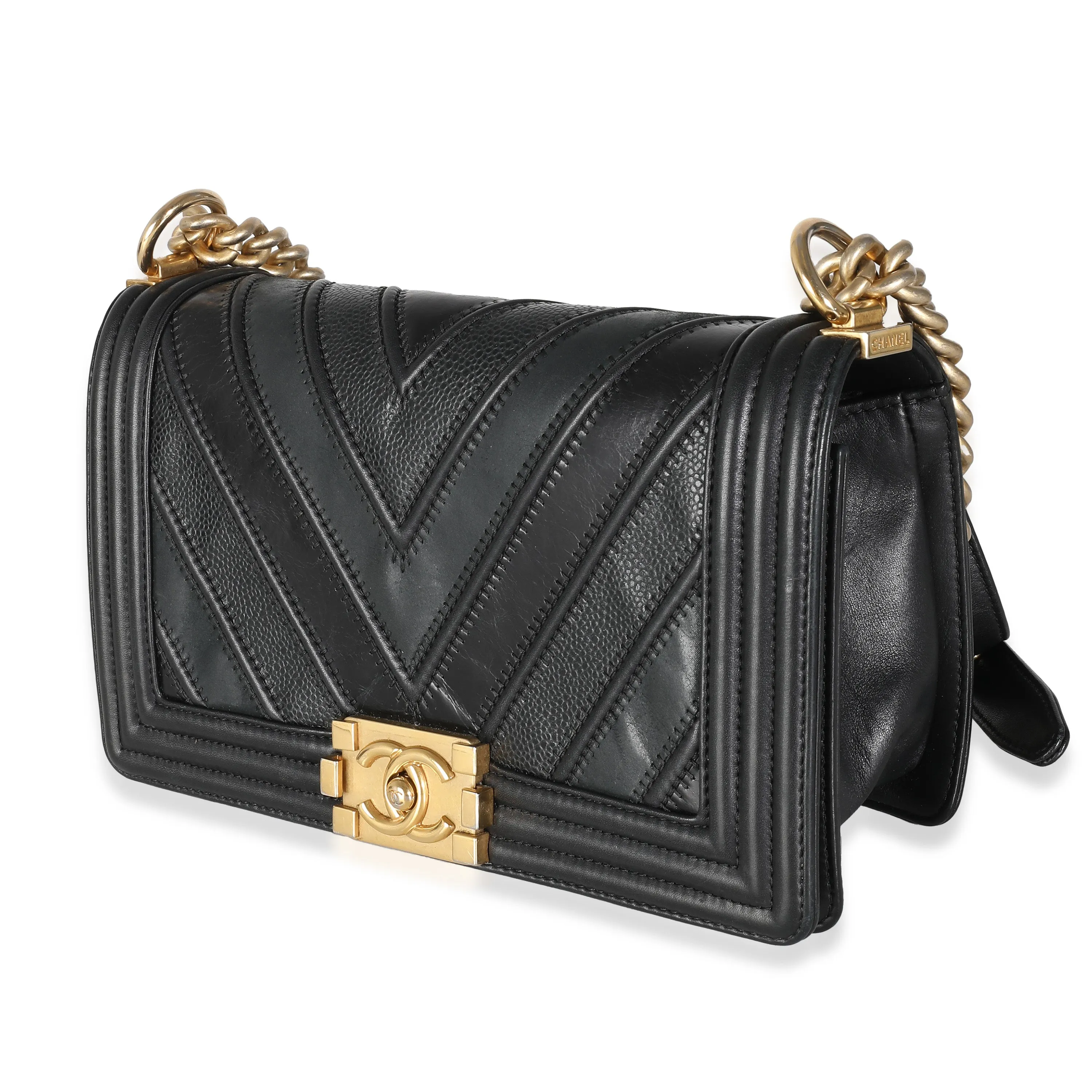 Chanel Women's Black Calfskin Caviar In The Mix Chevron Old Medium Boy Handbag sold by Zulily product image thumbnail 2