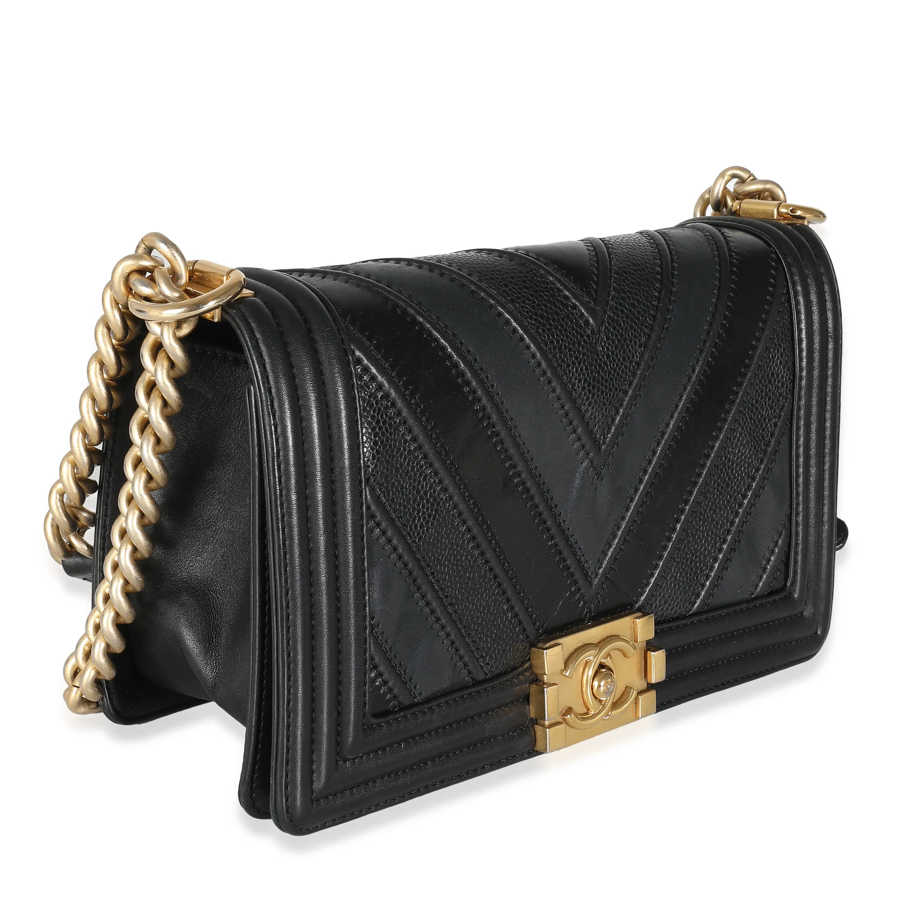 Chanel Women's Black Calfskin Caviar In The Mix Chevron Old Medium Boy Handbag sold by Zulily product image thumbnail 3