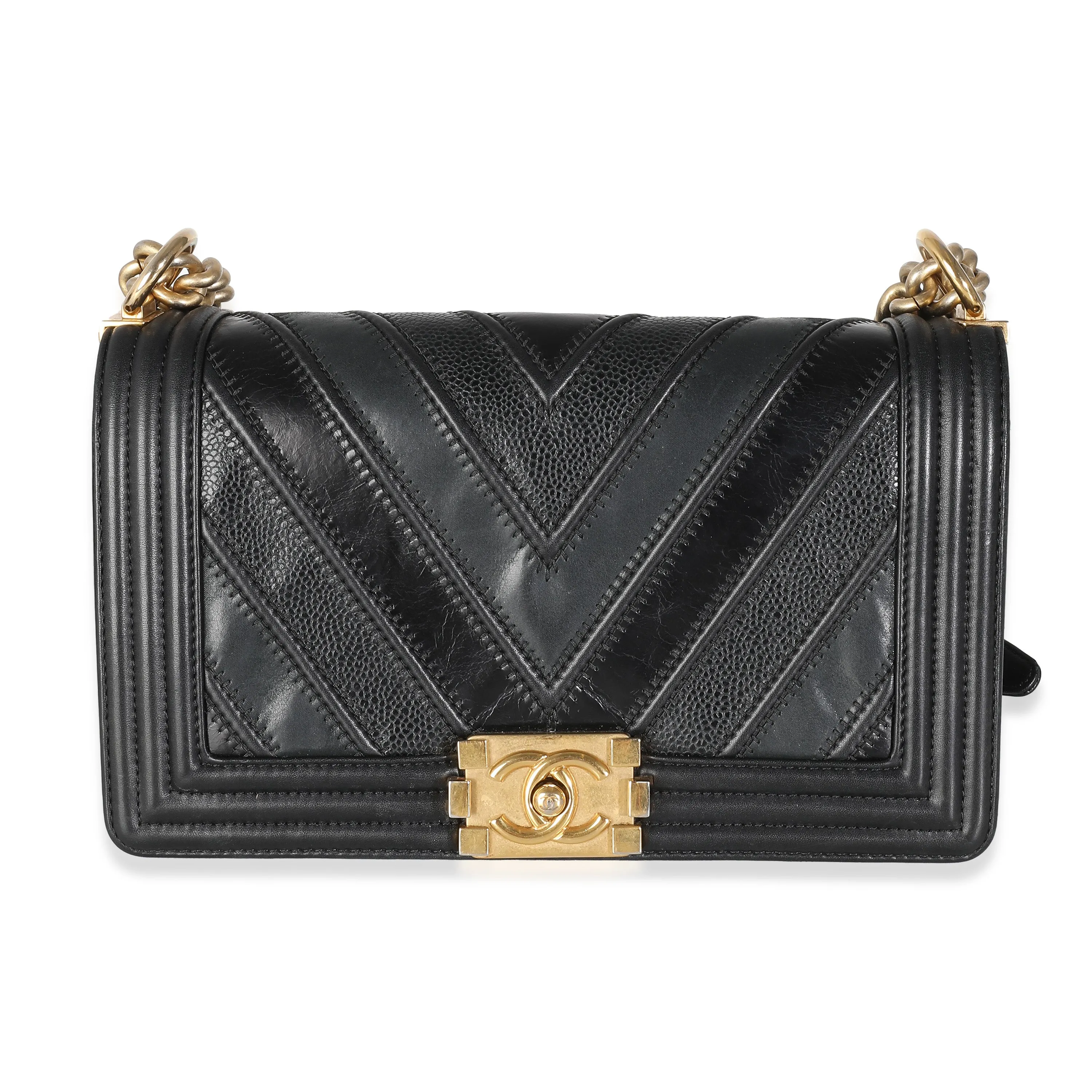 Chanel Women's Black Calfskin Caviar In The Mix Chevron Old Medium Boy Handbag sold by Zulily