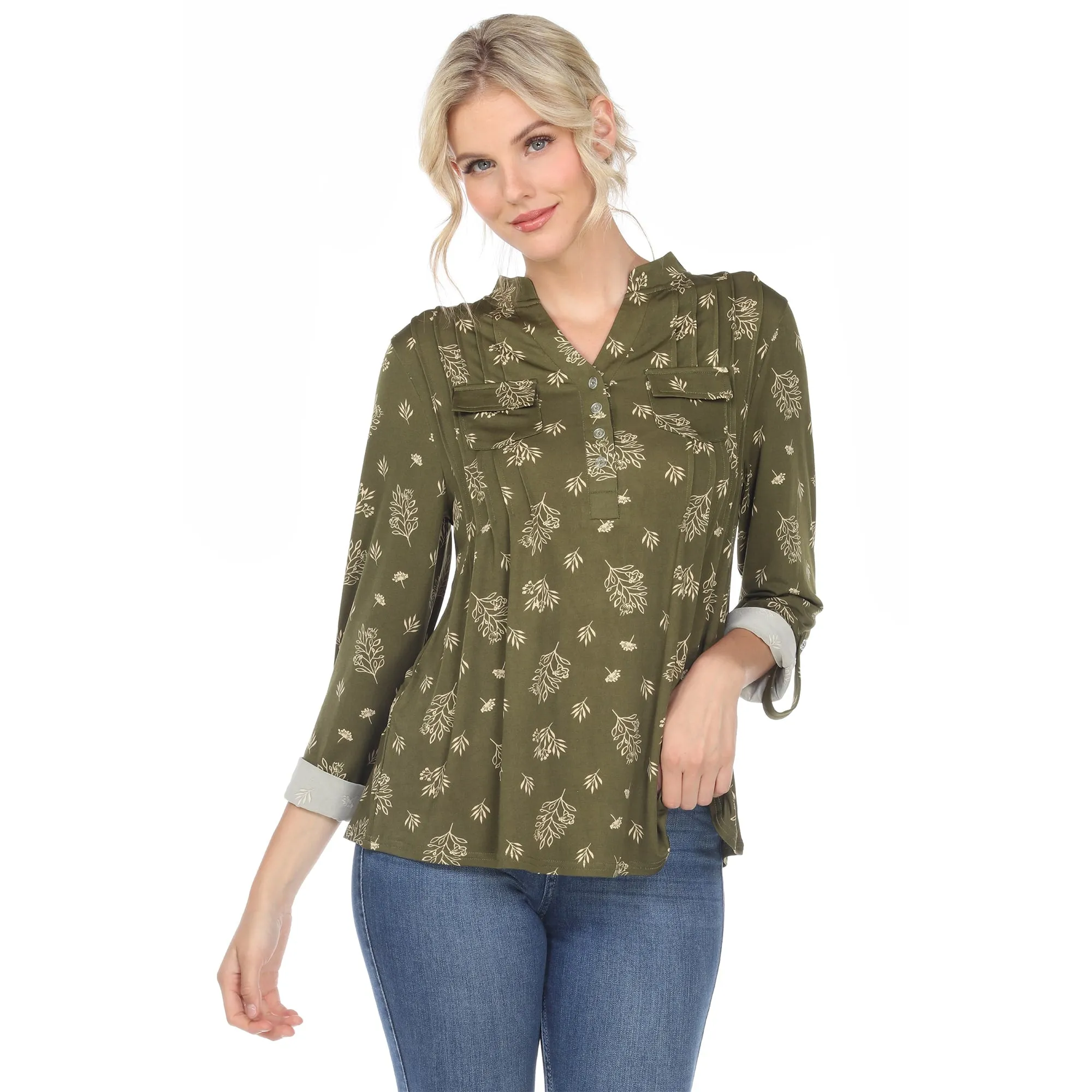 White Mark Women's Pleated Long Sleeve Leaf Print Blouse sold by Zulily product image thumbnail 4