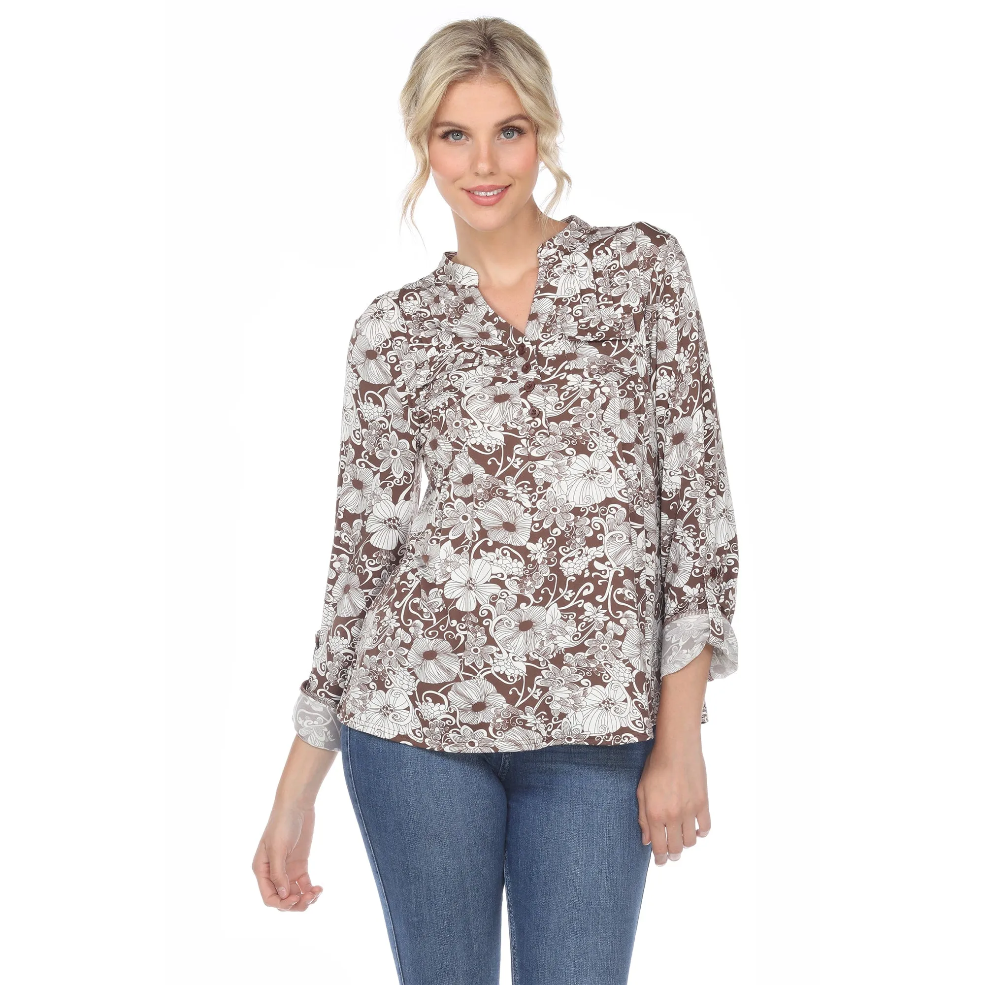 White Mark Women's Pleated Long Sleeve Floral Print Blouse sold by Zulily product image thumbnail 4
