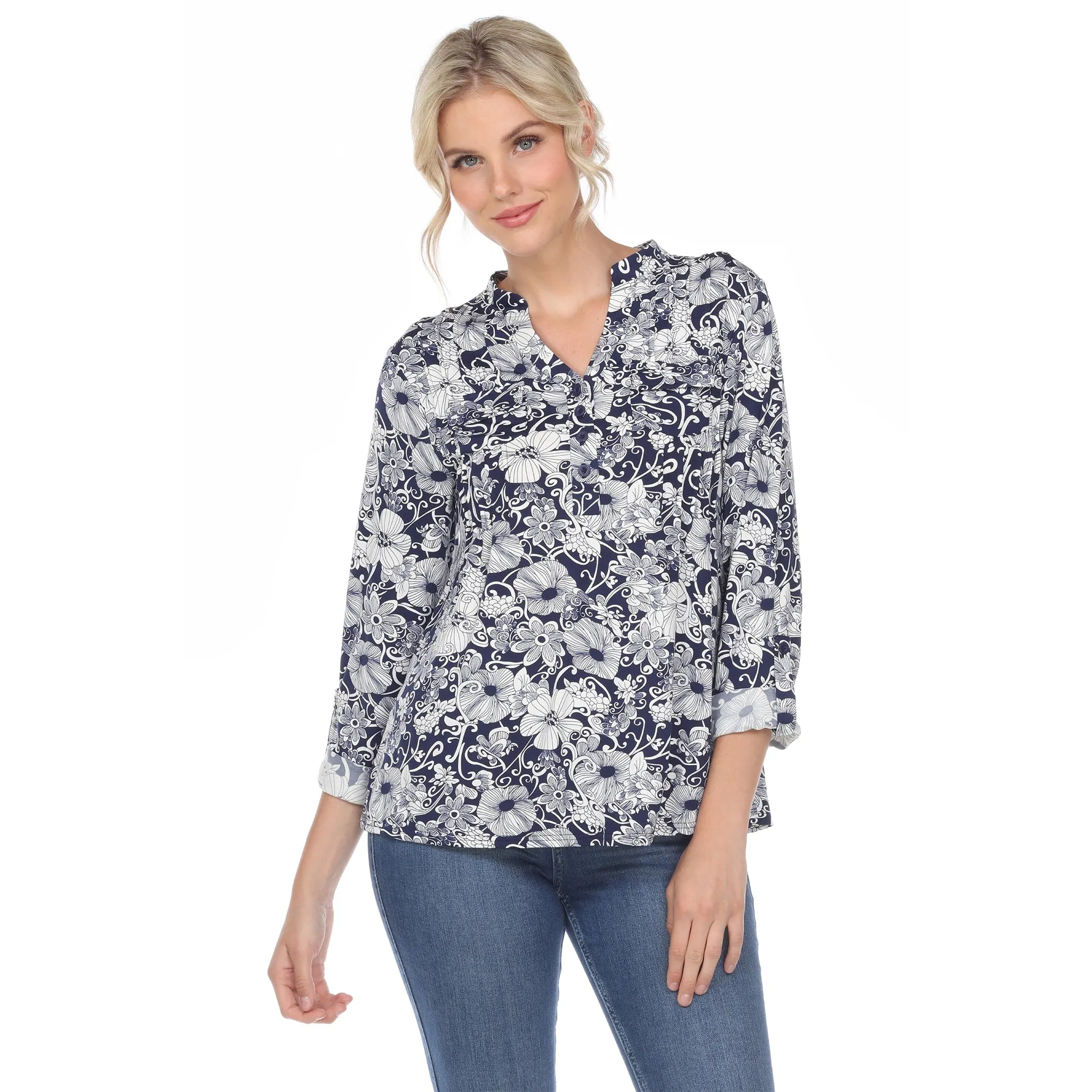 White Mark Women's Pleated Long Sleeve Floral Print Blouse sold by Zulily product image thumbnail 2