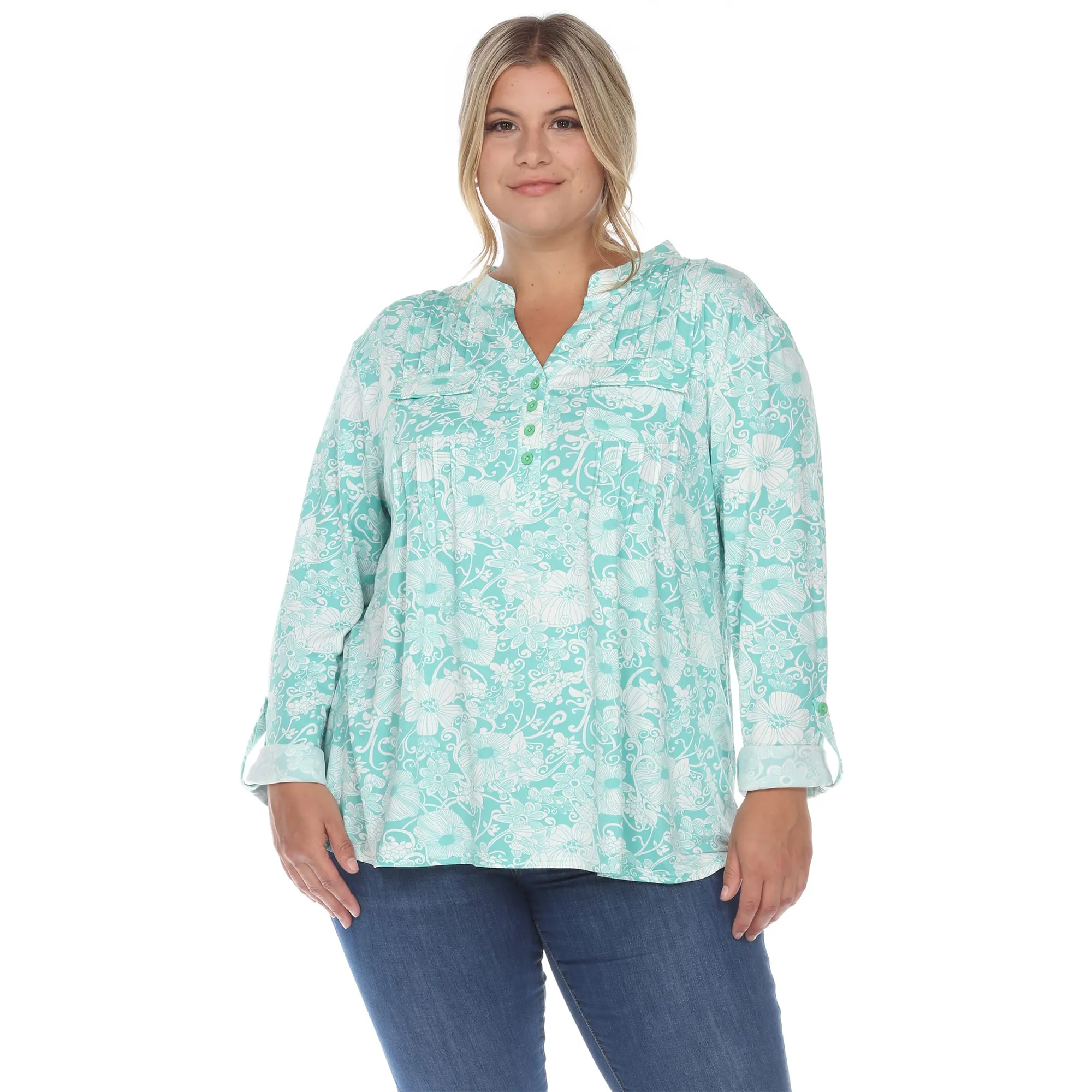 White Mark Women's Plus SIze Pleated Long Sleeve Floral Print Blouse sold by Zulily product image thumbnail 2