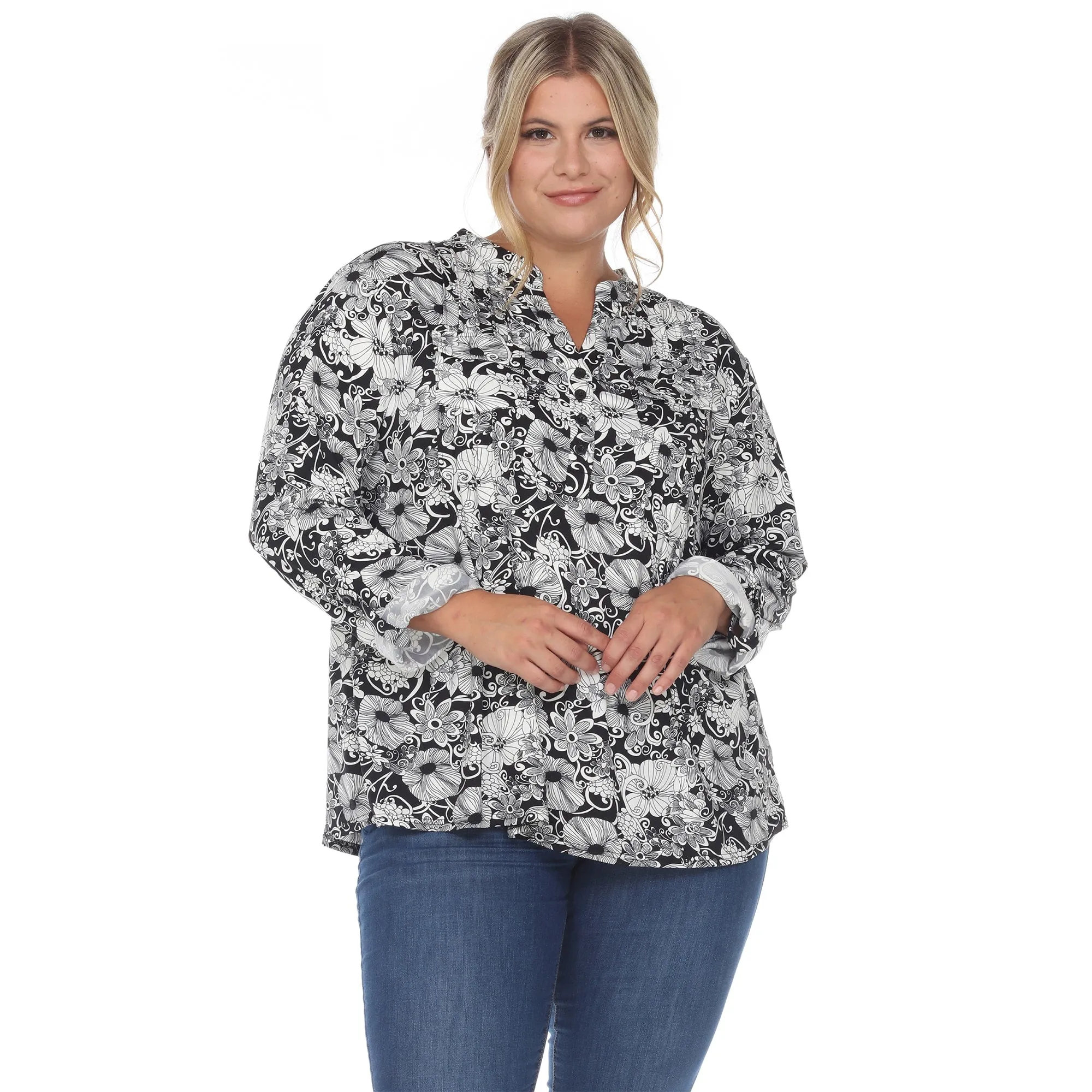 White Mark Women's Plus SIze Pleated Long Sleeve Floral Print Blouse sold by Zulily product image thumbnail 3