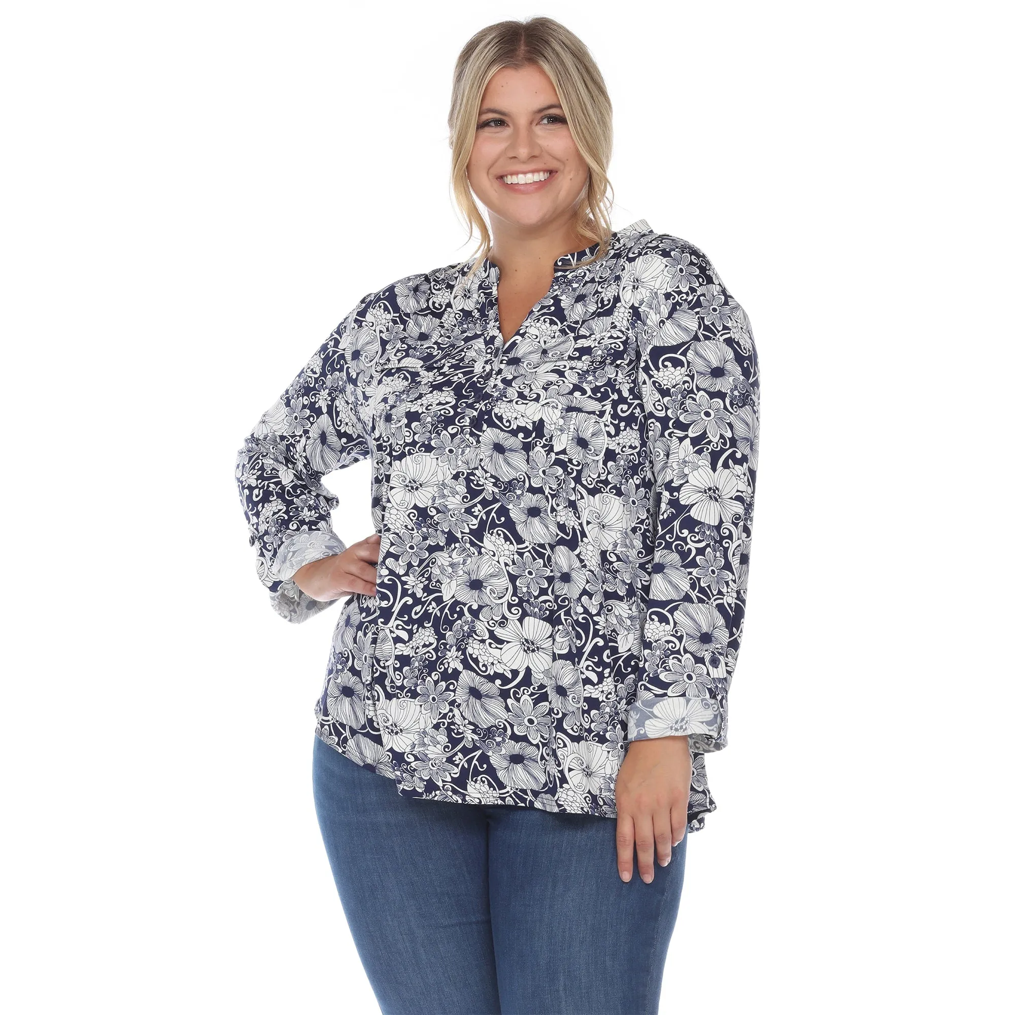 White Mark Women's Plus SIze Pleated Long Sleeve Floral Print Blouse sold by Zulily product image thumbnail 4