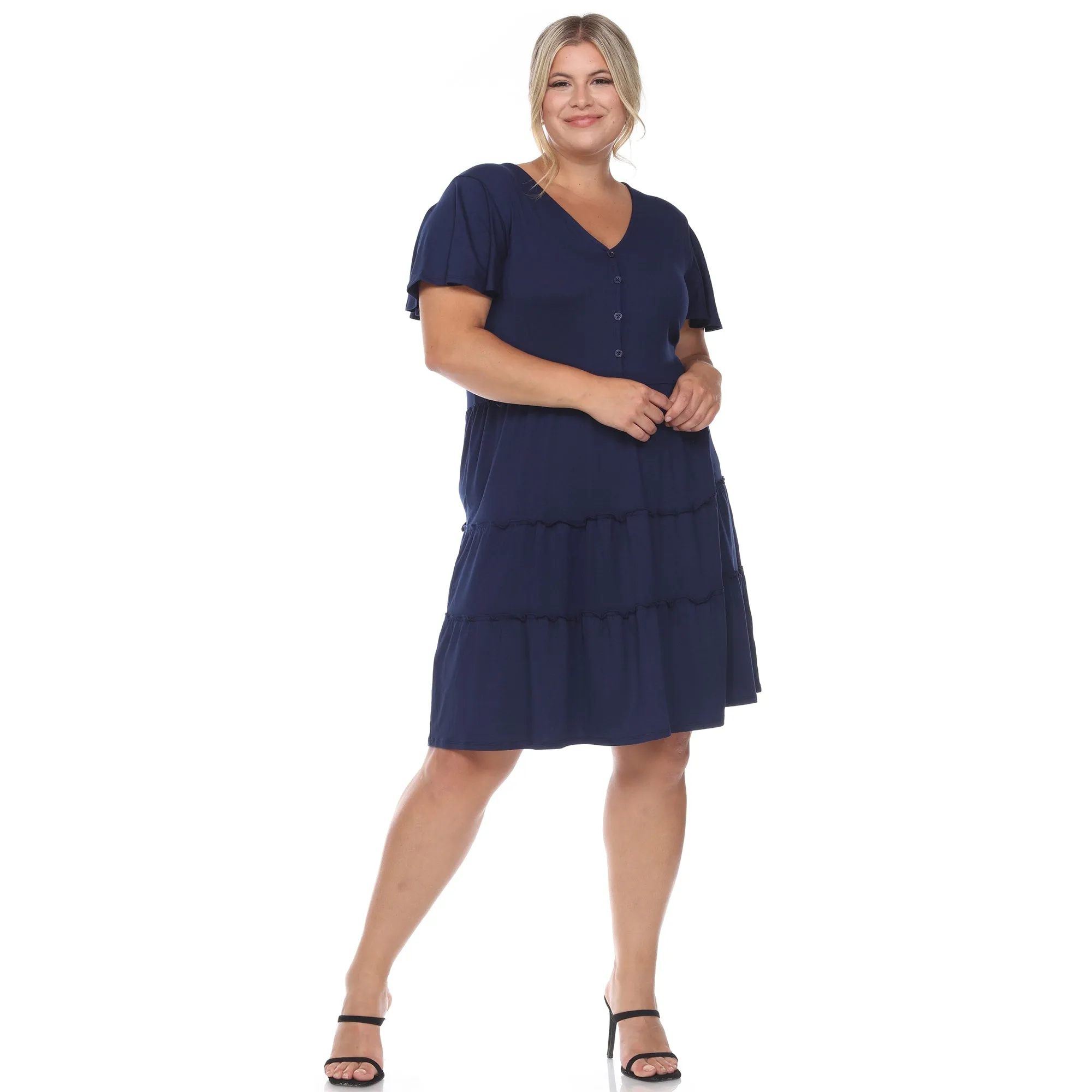 White Mark Women's Plus Size Short Sleeve V-neck Tiered Midi Dress sold by Zulily product image thumbnail 2
