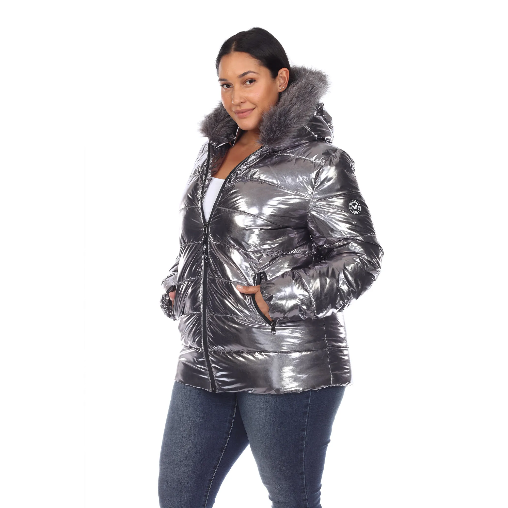 White Mark Women's Plus Size Metallic Puffer Coat with Hoodie sold by Zulily product image thumbnail 3
