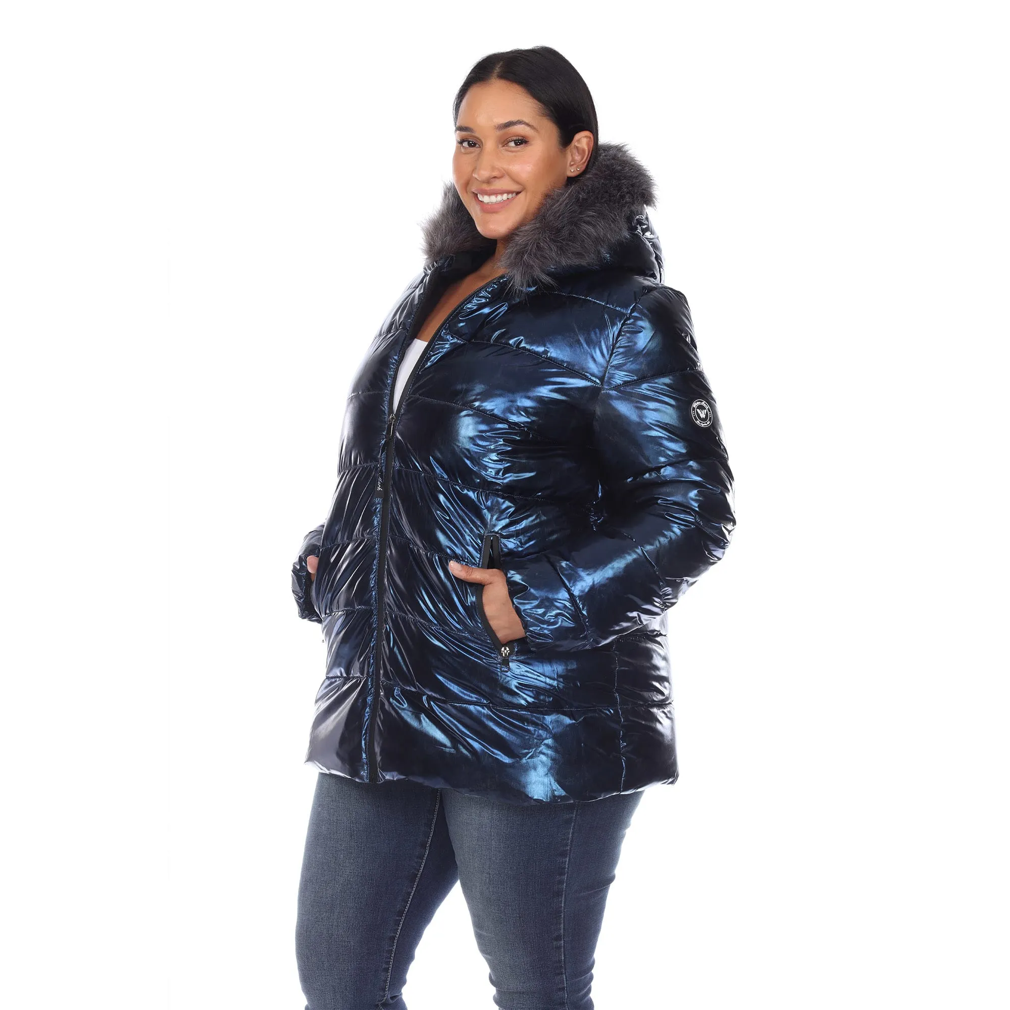 White Mark Women's Plus Size Metallic Puffer Coat with Hoodie sold by Zulily product image thumbnail 4