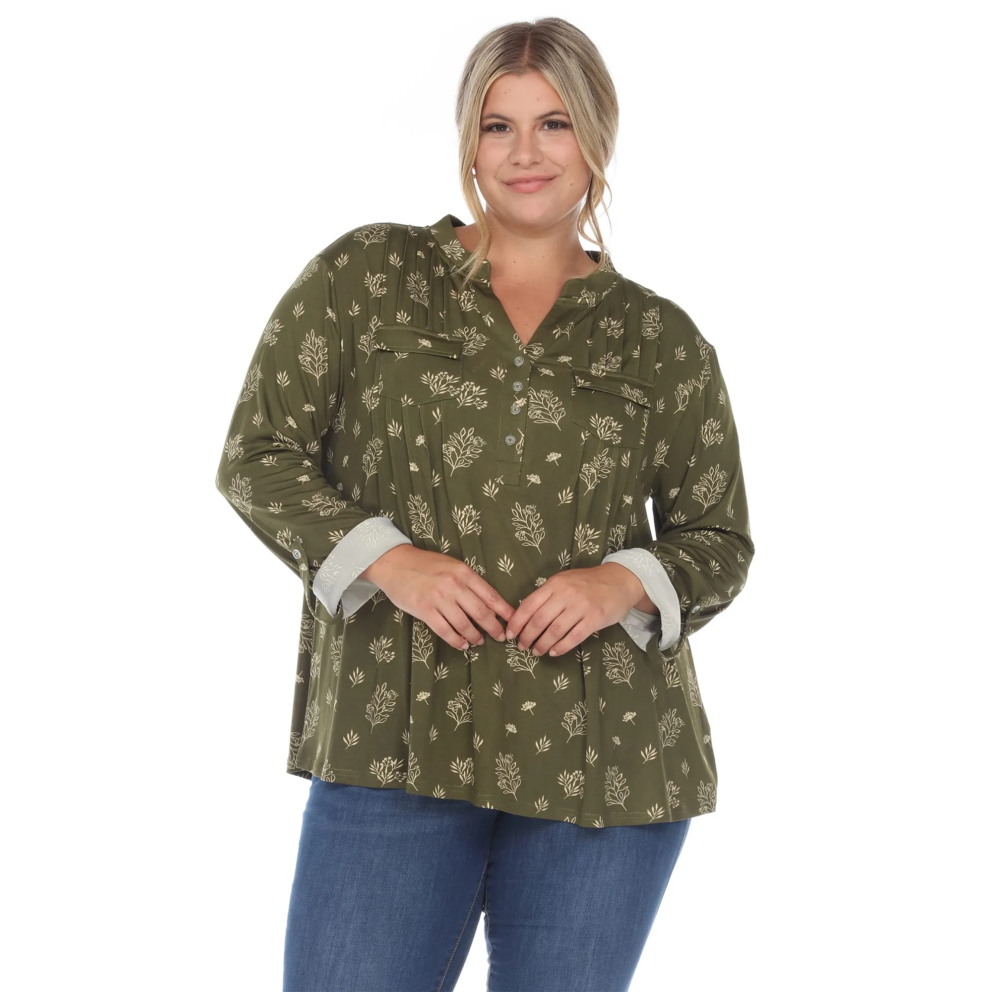 White Mark Women's Plus Size Pleated Long Sleeve Leaf Print Blouse sold by Zulily product image thumbnail 3