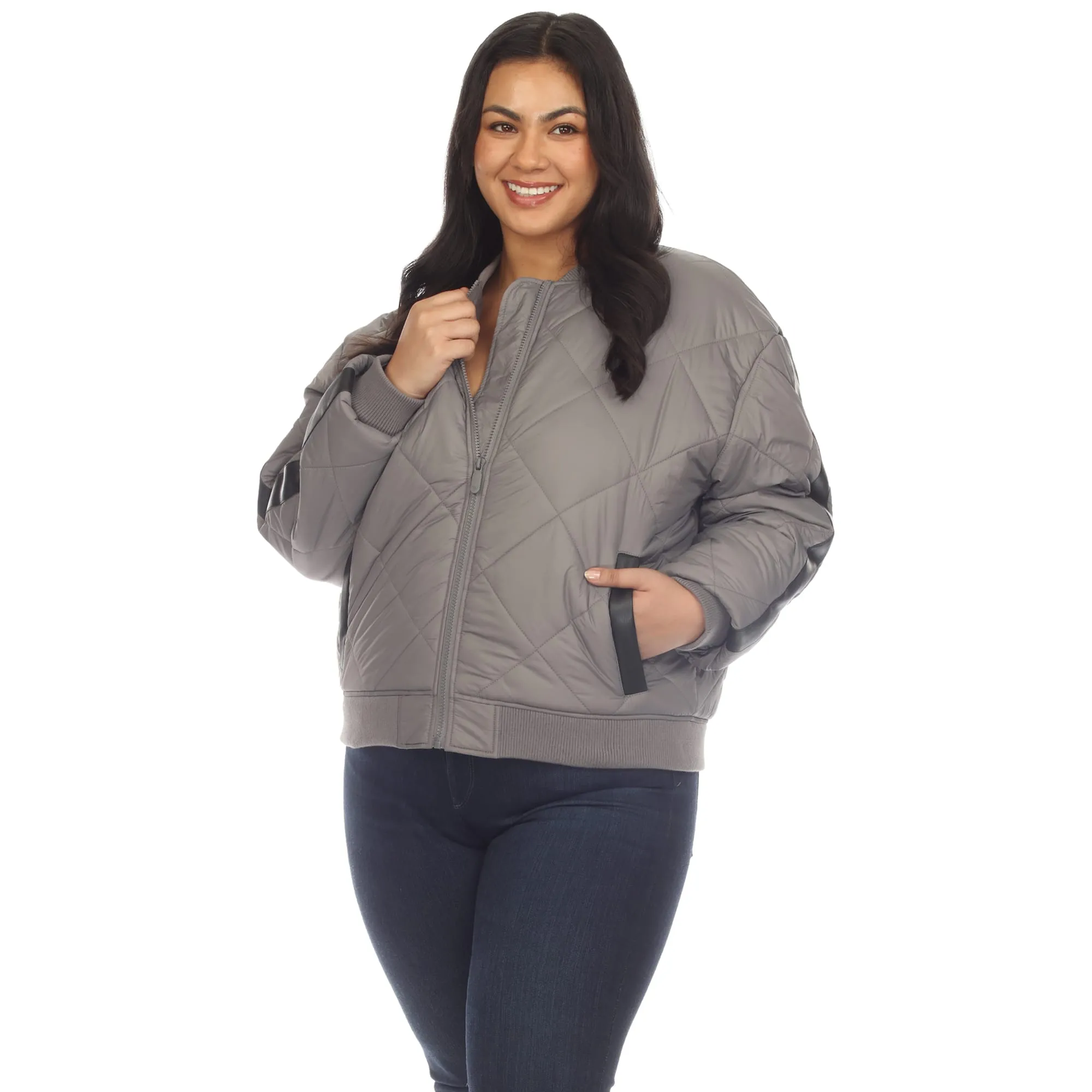 White Mark Women's Plus Size Lightweight Diamond Quilted Puffer Bomber Jacket sold by Zulily product image thumbnail 3