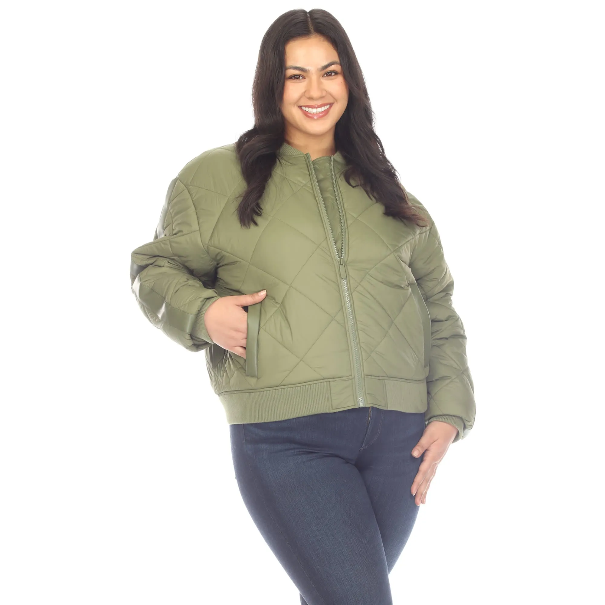White Mark Women's Plus Size Lightweight Diamond Quilted Puffer Bomber Jacket sold by Zulily product image thumbnail 2