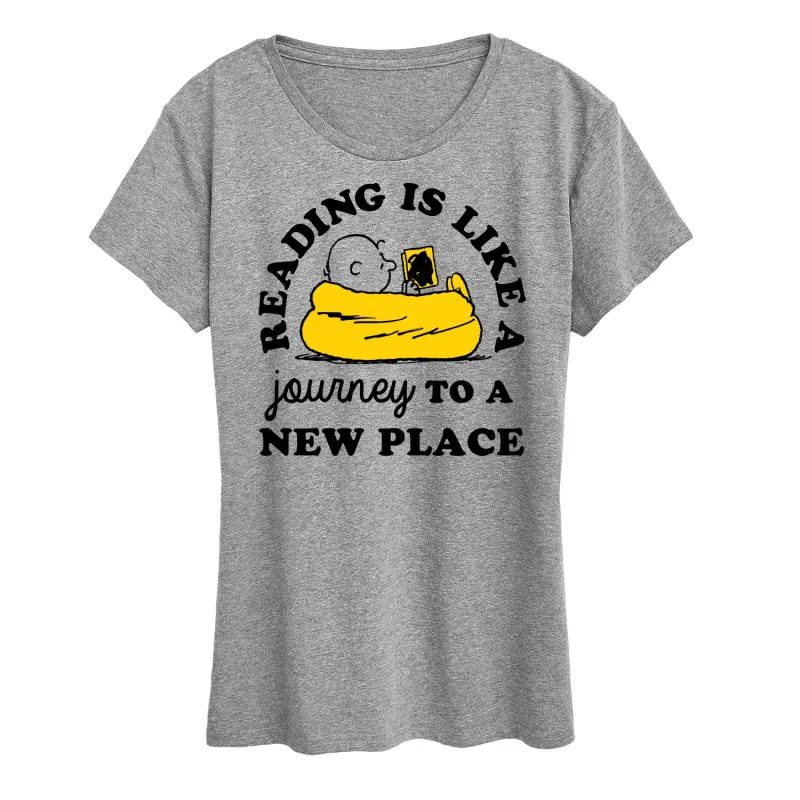 Peanuts - Reading Is Like A Journey To A New Place - Women's Short Sleeve Graphic T-Shirt sold by Zulily