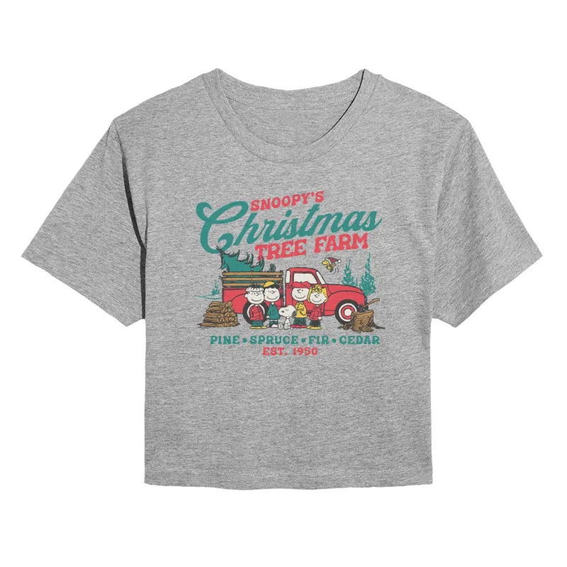 Peanuts - Tree Farm - Juniors Cropped Short Sleeve Graphic T-Shirt sold by Zulily