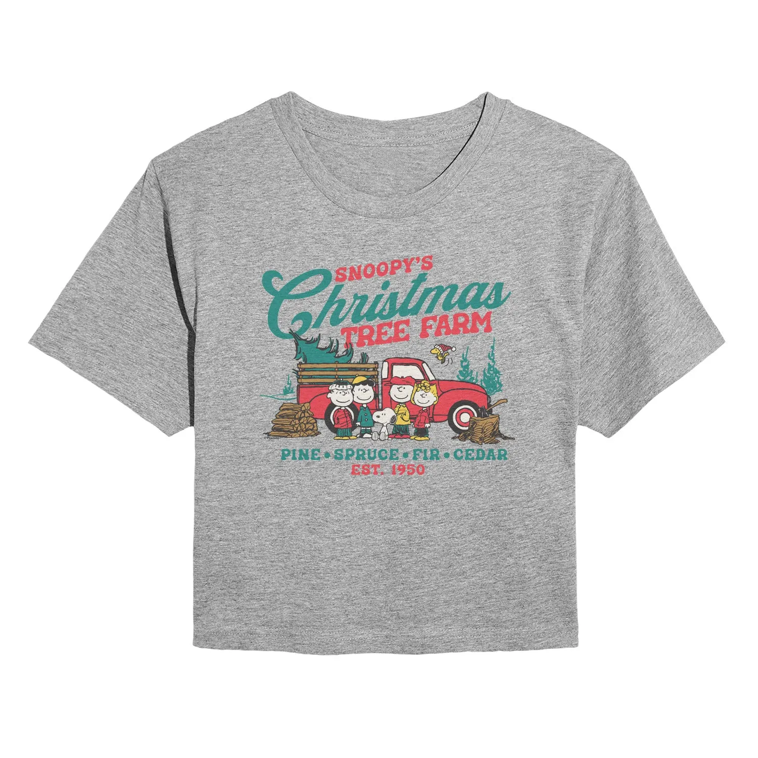 Peanuts - Tree Farm - Juniors Cropped Short Sleeve Graphic T-Shirt sold by Zulily
