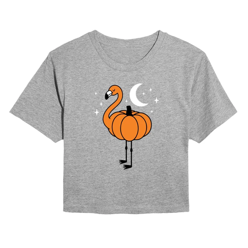 Instant Message - Pumpkin Flamingo - Juniors Cropped Short Sleeve Graphic T-shirt sold by Zulily
