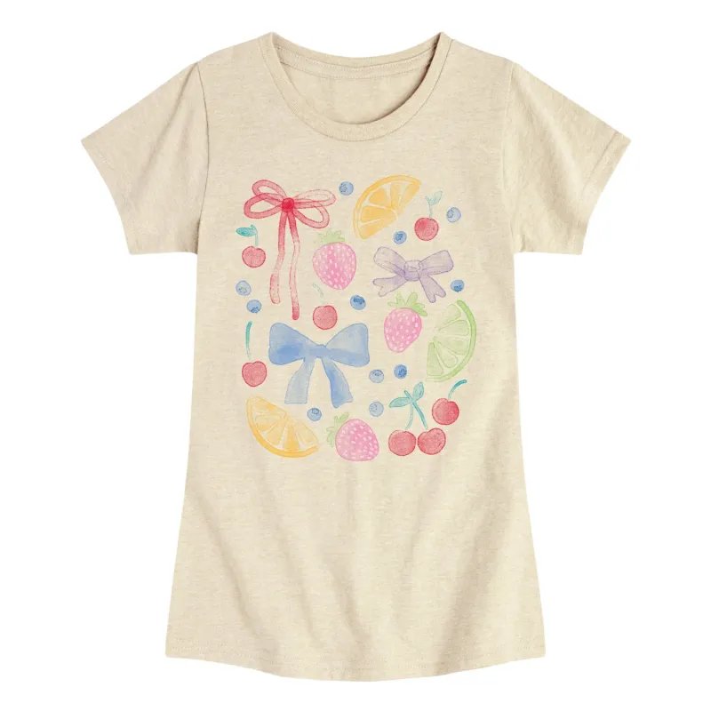 Instant Message - Watercolor Fruit and Bows -Youth Girls Short Sleeve T-shirt sold by Zulily