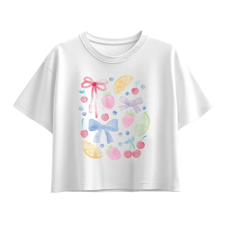 Instant Message - Watercolor Fruit And Bows - Youth Girl Short Sleeve Boxy Tee sold by Zulily