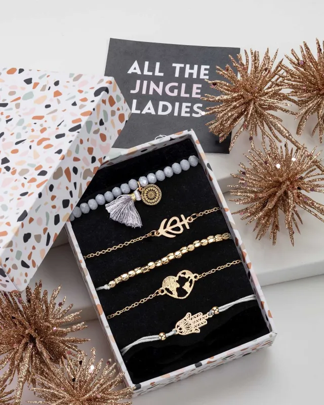 Don’t AsK Goldtone Grey Beaded Bracelet Set – Elegant Stackable Design with Terrazzo Gift Box sold by Zulily