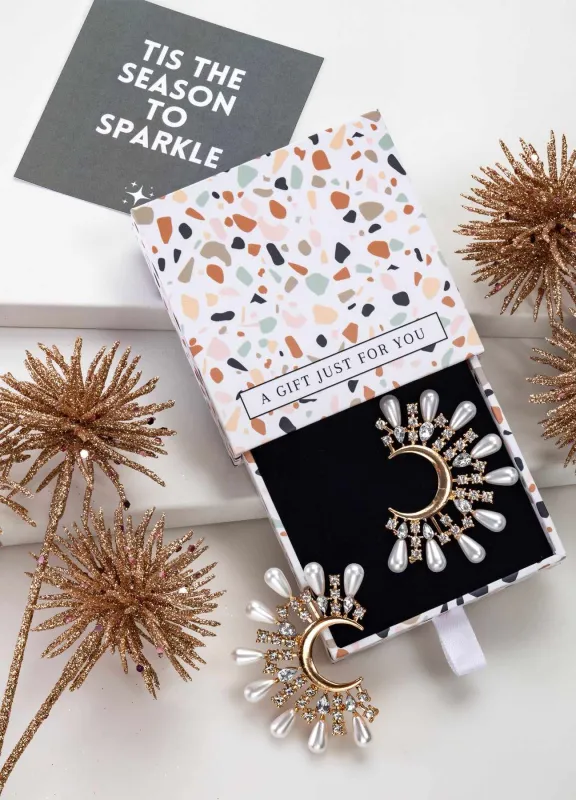 Don’t AsK Imitation Pearl Crescent Moon Burst Stud Earrings sold by Zulily