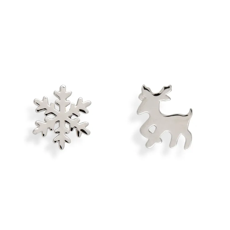 Ag Sterling Asymmetrical Snowflake & Deer Stud Earrings sold by Zulily