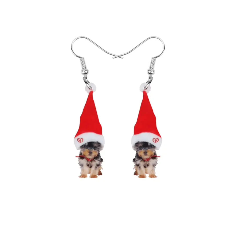Don’t AsK Red Acrylic Yorkie Puppy Santa Hat Drop Earrings – Festive Holiday Jewellery for Women sold by Zulily
