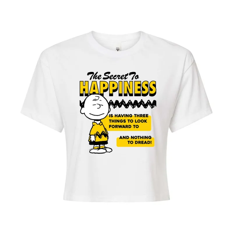 Peanuts - Secret To Happiness - Juniors Cropped Cotton Blend T-Shirt sold by Zulily