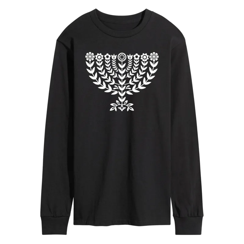 Instant Message - Floral Menorah - Men's Long Sleeve Graphic T-shirt sold by Zulily