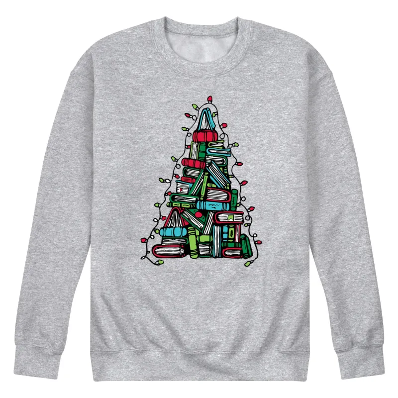 Instant Message - Book Christmas Tree - Men's Long Sleeve Crew Fleece Sweatshirt sold by Zulily