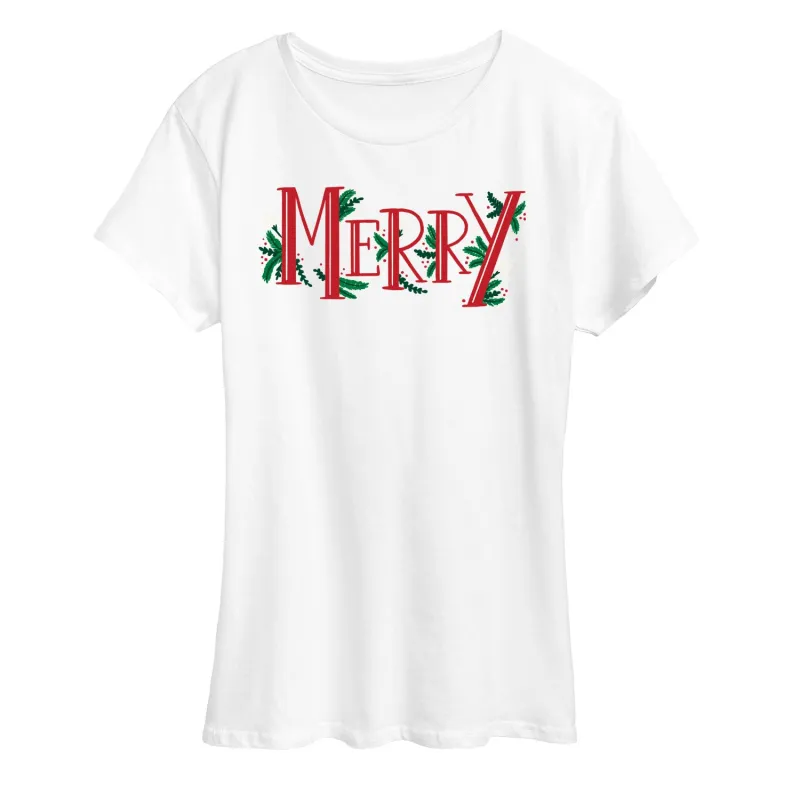Instant Message - Merry With Garland Christmas - Women's Short Sleeve Graphic T-Shirt sold by Zulily