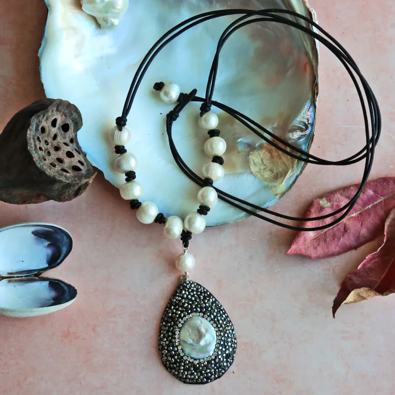 MGR Women's Pearl Leather Knotted Necklace with a Druzy Pearl Pendant sold by Zulily