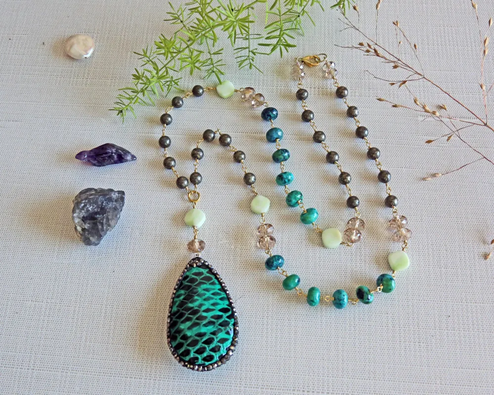 MGR Women's Genuine Turquoise and Pyrite Necklace with Green Teardrop Pendant sold by Zulily
