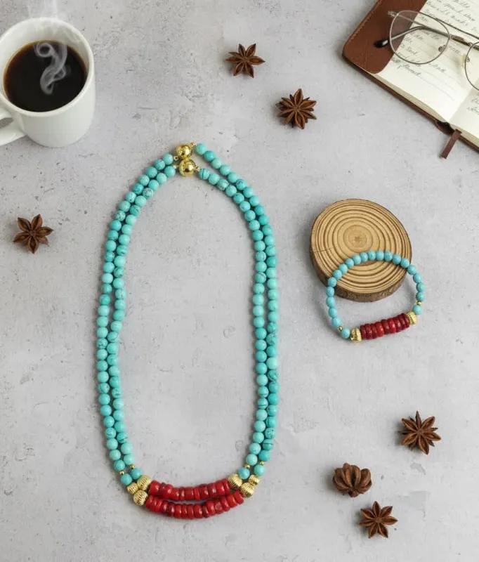 MGR Women's Turquoise and Coral Beaded Necklace & Bracelet Set sold by Zulily
