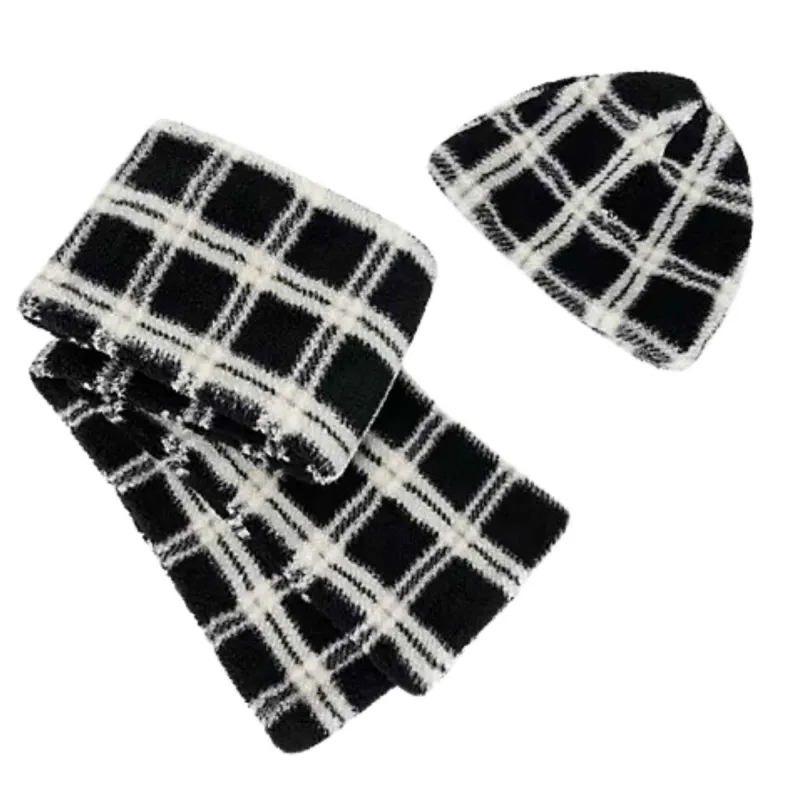 Sprigs Sherpa Beanie w/ Pom Pom & Sherpa Scarf Set Black Plaid sold by Zulily