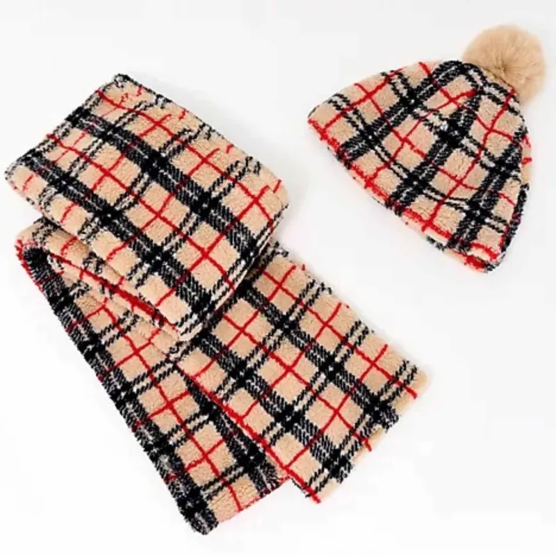 Sprigs Sherpa Beanie w/ Pom Pom & Sherpa Scarf Set Tan Plaid sold by Zulily