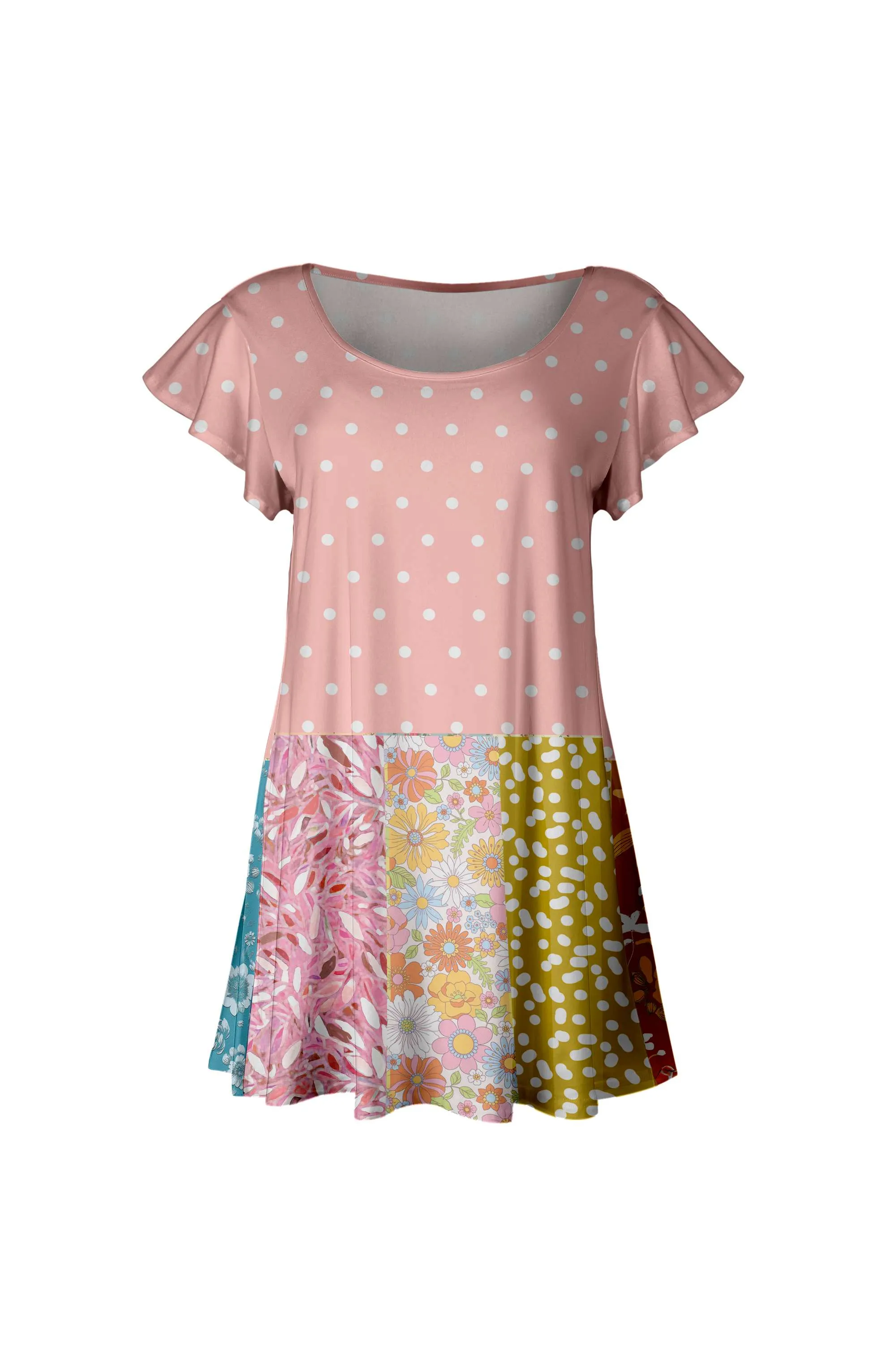 Lily by Firmiana Women’s Short Sleeve Flutter Hem Tunic Top Pink & Yellow Dot Print sold by Zulily