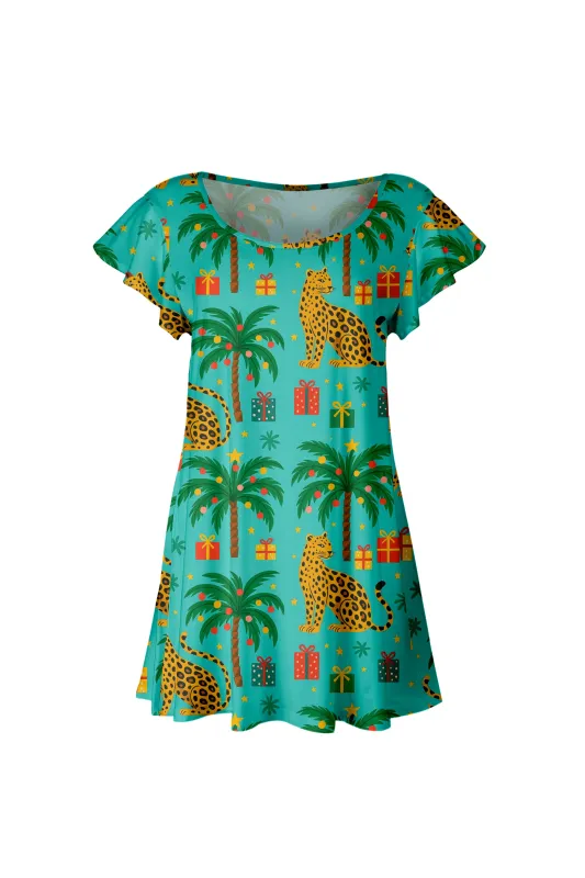Lily by Firmiana Women’s Short Sleeve Flutter Hem Tunic Top Green Palm Tree Holiday Print sold by Zulily