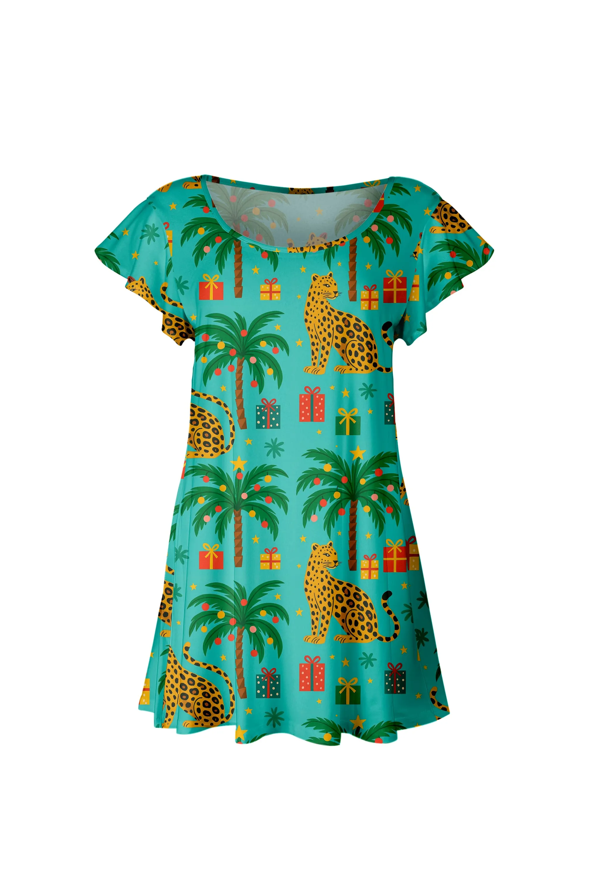 Lily by Firmiana Women’s Short Sleeve Flutter Hem Tunic Top Green Palm Tree Holiday Print sold by Zulily product image thumbnail 4