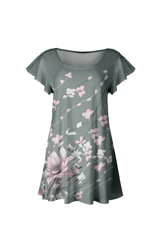 Lily by Firmiana Women’s Short Sleeve Flutter Hem Tunic Top Gray & White Cherry Blossom Print sold by Zulily