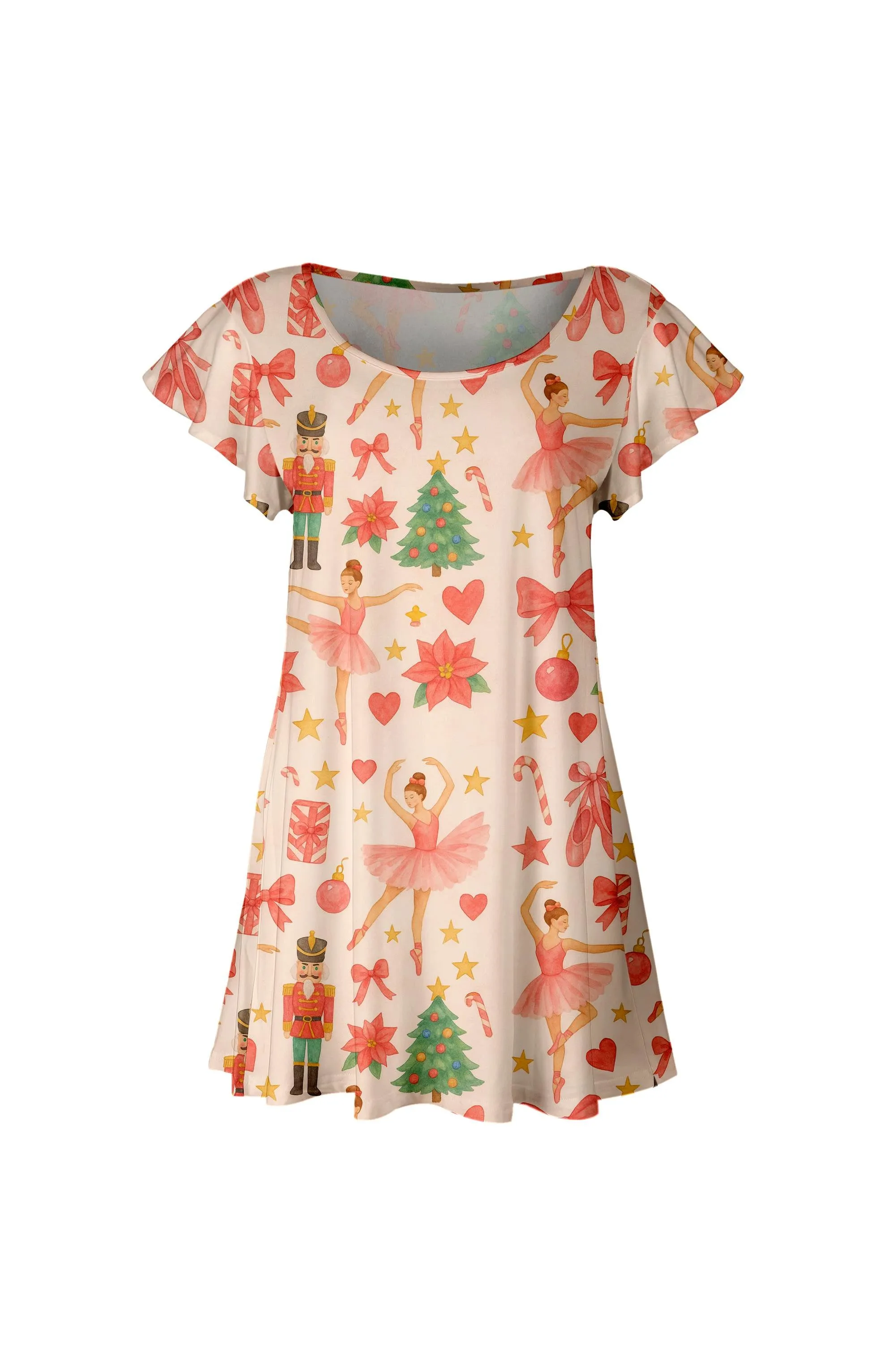Lily by Firmiana Women’s Short Sleeve Flutter Hem Tunic Top Cream & Pink Nutcracker Print sold by Zulily product image thumbnail 3