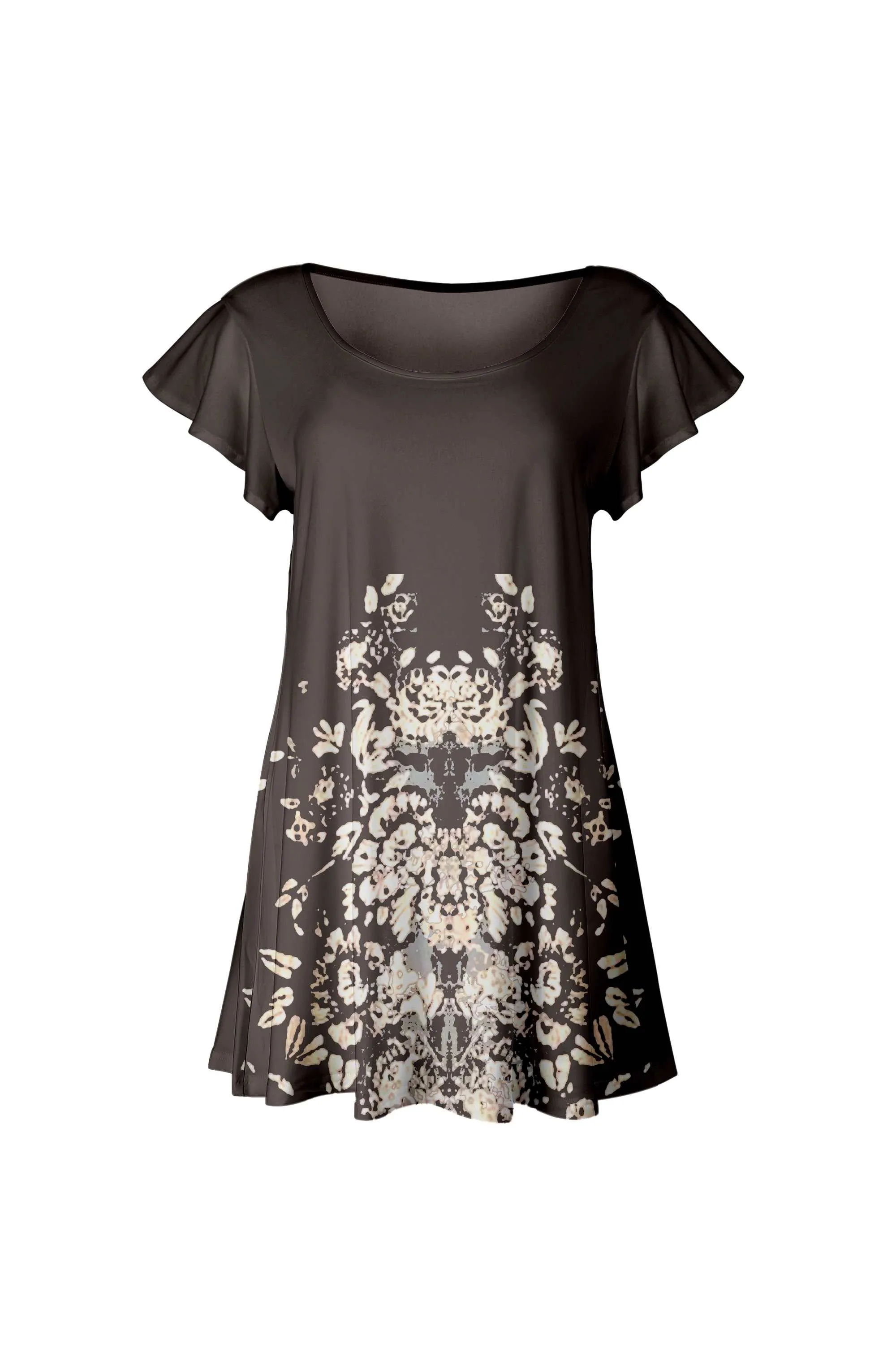 Lily by Firmiana Women’s Short Sleeve Flutter Hem Tunic Top Brown Floral Border sold by Zulily