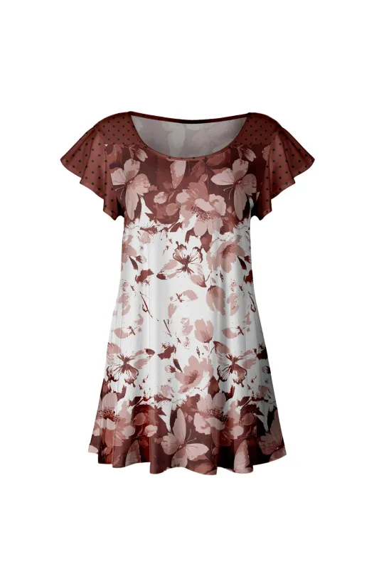 Lily by Firmiana Women’s Short Sleeve Flutter Hem Tunic Top Brown & White Floral Border made by Zulily