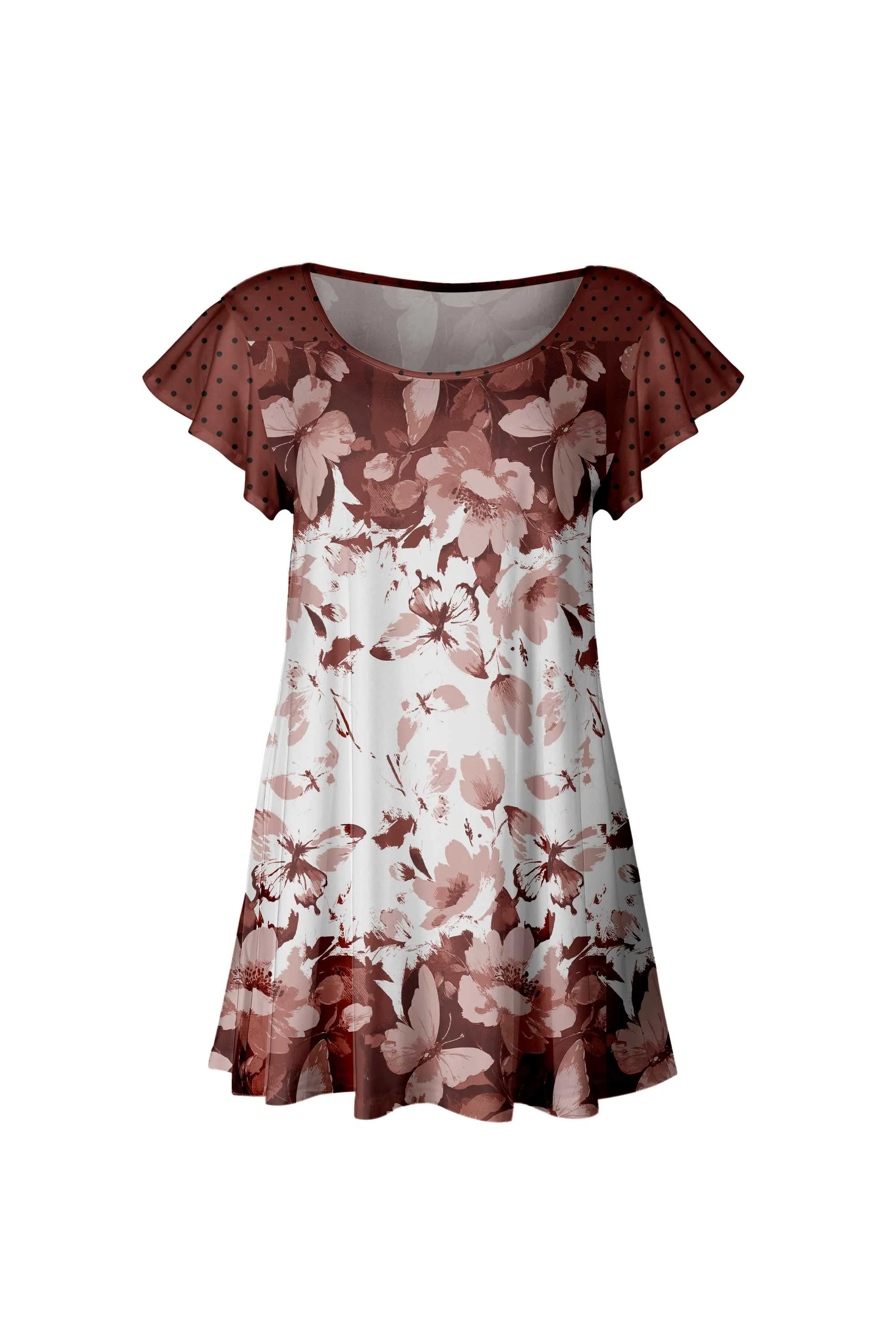 Lily by Firmiana Women’s Short Sleeve Flutter Hem Tunic Top Brown & White Floral Border sold by Zulily product image thumbnail 4