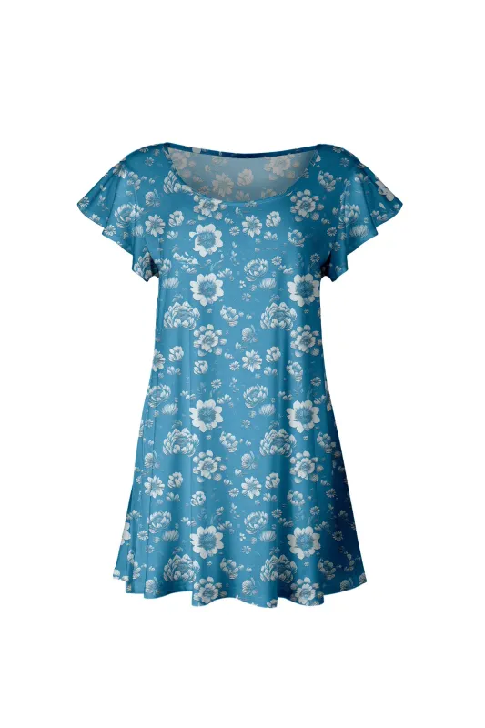 Lily by Firmiana Women’s Short Sleeve Flutter Hem Tunic Top Blue Floral Lace Print sold by Zulily